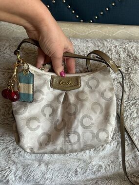 Coach white Cream Signature Jacquard Crossbody Bag with cherry charm